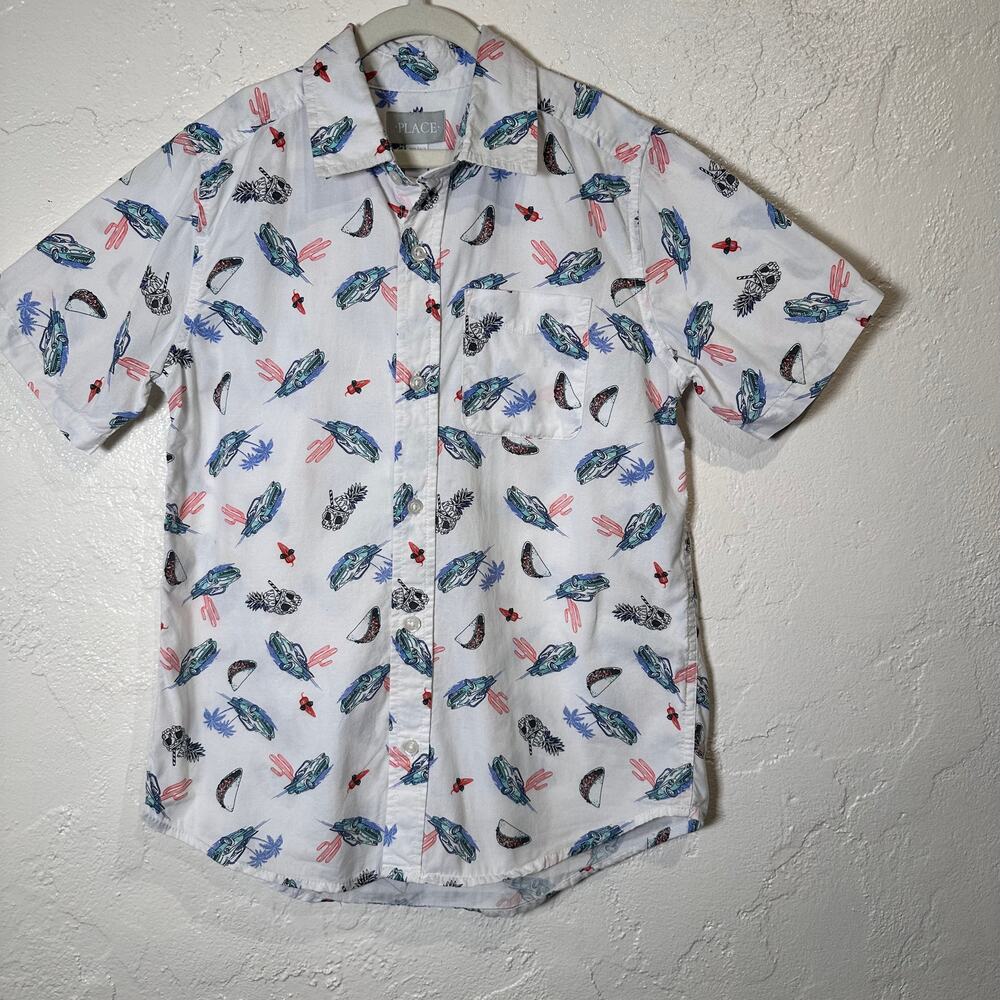 Children's Place Boys Large 10/12 Short Sleeve Button Down Cars Tacos Cactus